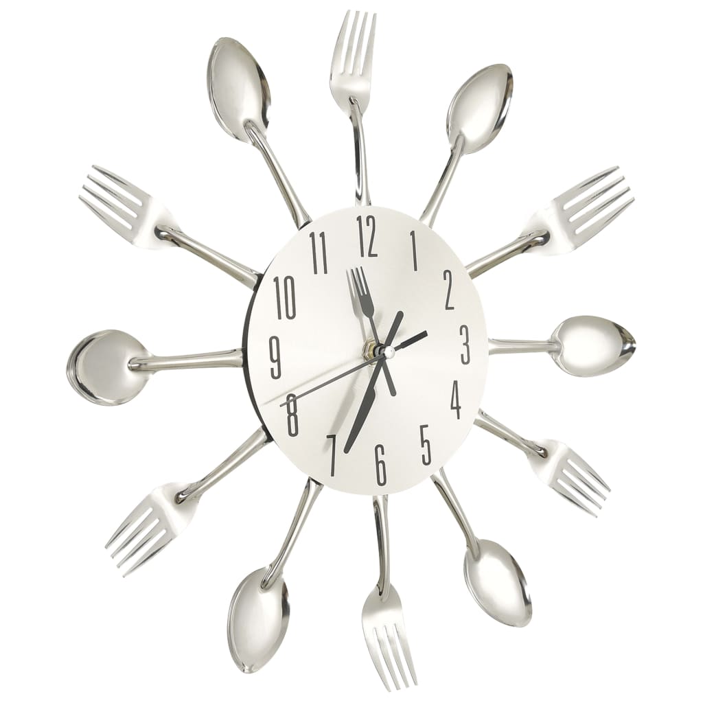 vidaXL Reloj de pared diseño cuchara y tenedor plateado 31 cm aluminio
