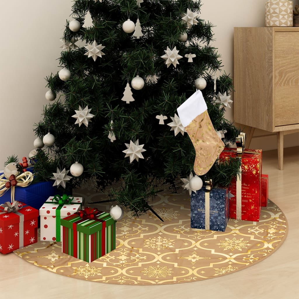 vidaXL Falda del árbol de Navidad lujosa y calcetín tela amarillo 90cm