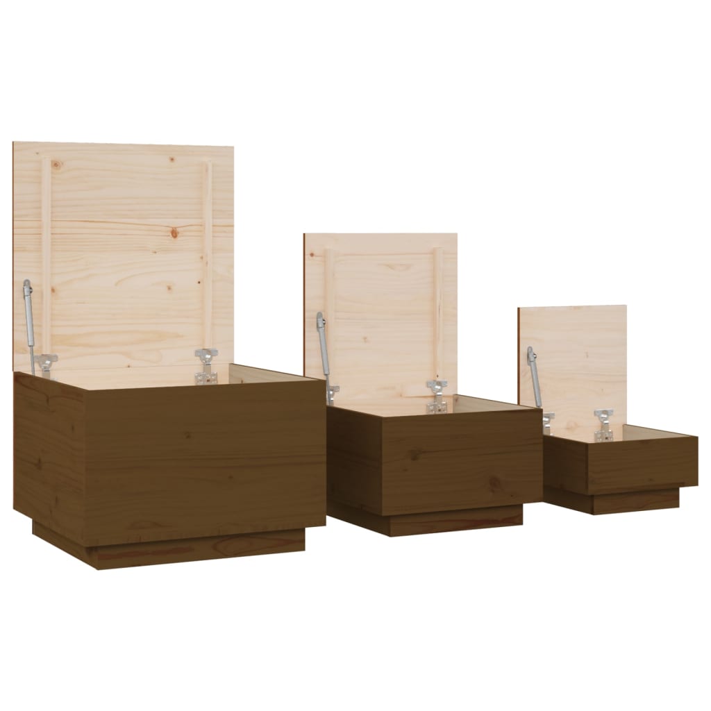 vidaXL Cajas de almacenaje con tapa 3 pzas madera maciza pino miel